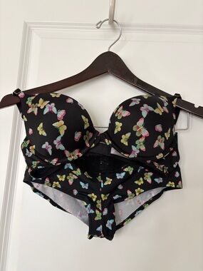 Victoria's Secret Black Push-Up Bra & Bikini Set with Multicolor Butterflies